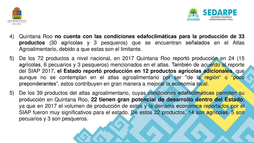 Quintana Roo no cuenta con las condiciones edafoclimáticas para la producción de 33 productos (30 agrícolas y 3 pesqueros) que se encuentran señalados en el Atlas Agroalimentario, debido a que estas son el limitante.