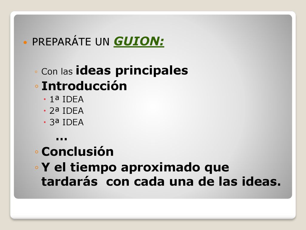 Y el tiempo aproximado que tardarás con cada una de las ideas.