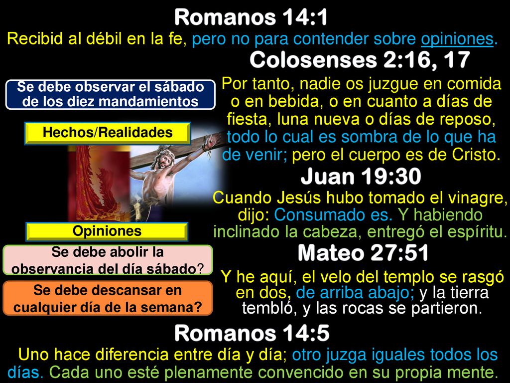 Romanos 14:1 Colosenses 2:16, 17 Juan 19:30 Mateo 27:51 Romanos 14:5
