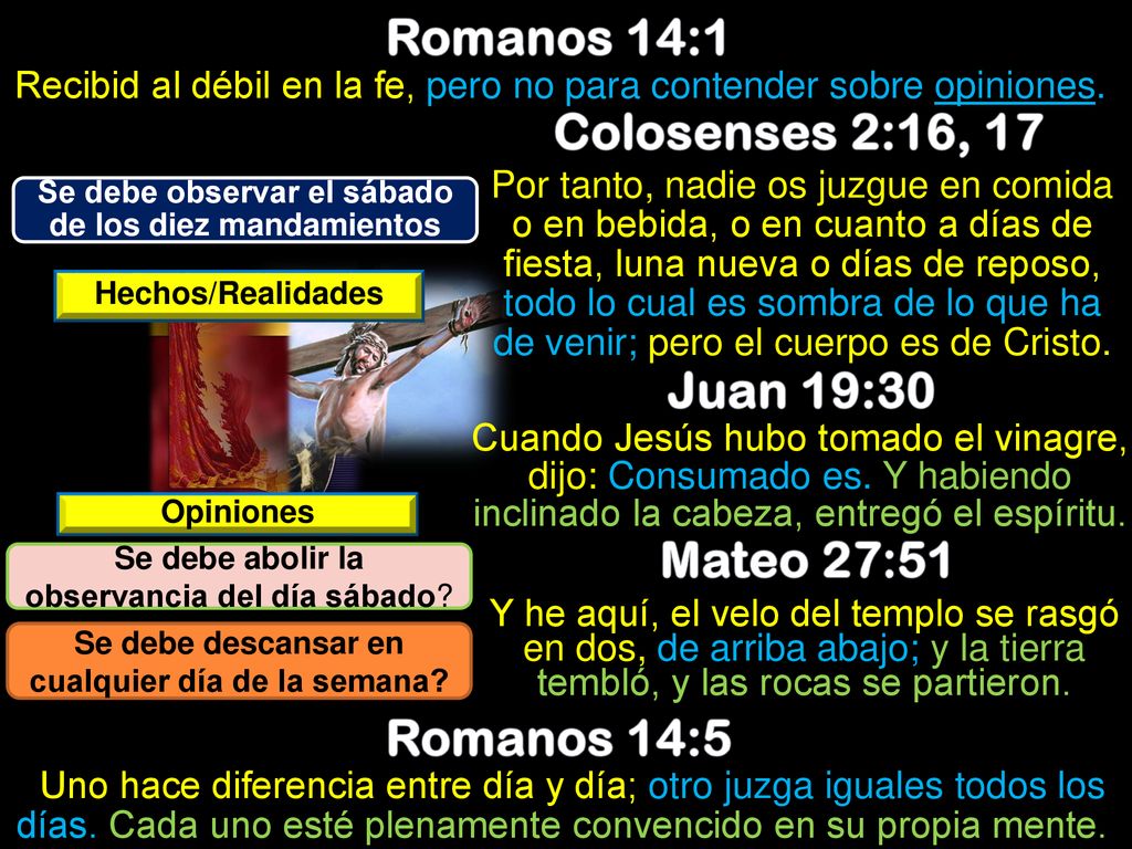 Romanos 14:1 Colosenses 2:16, 17 Juan 19:30 Mateo 27:51 Romanos 14:5