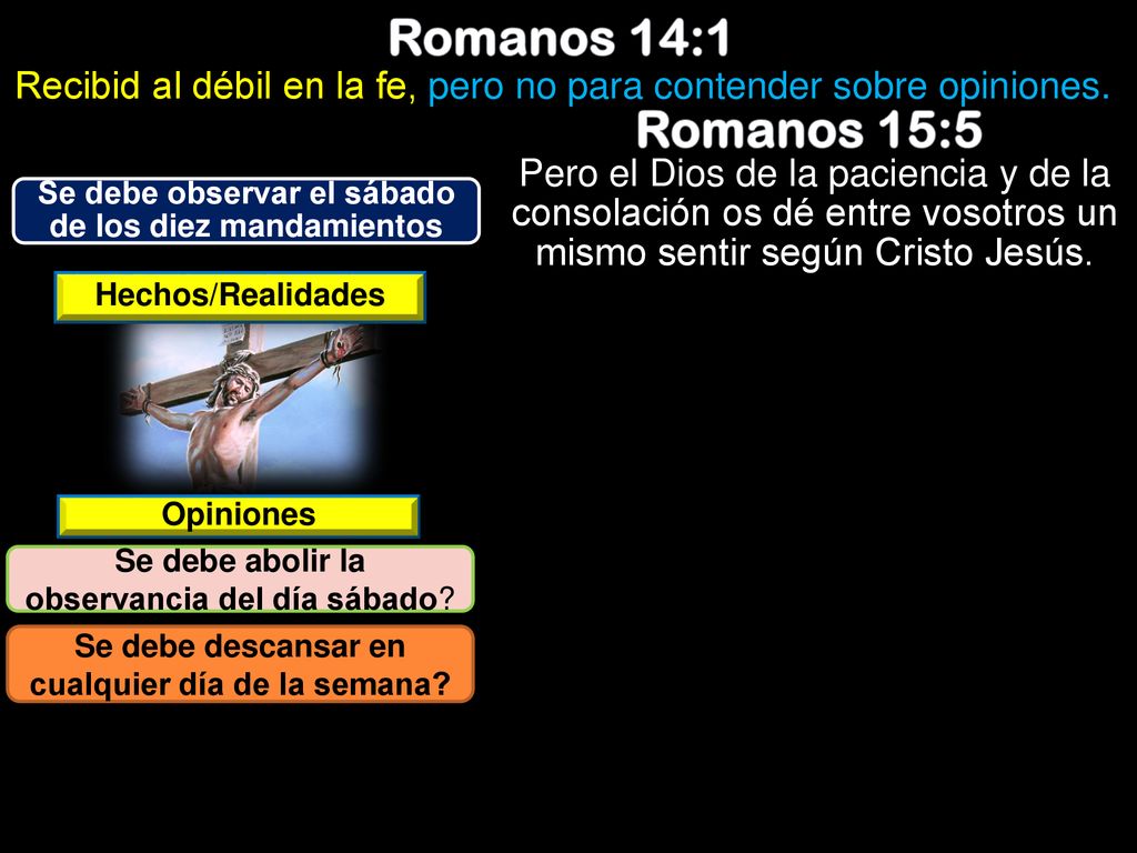 Romanos 14:1 Recibid al débil en la fe, pero no para contender sobre opiniones. Romanos 15:5.