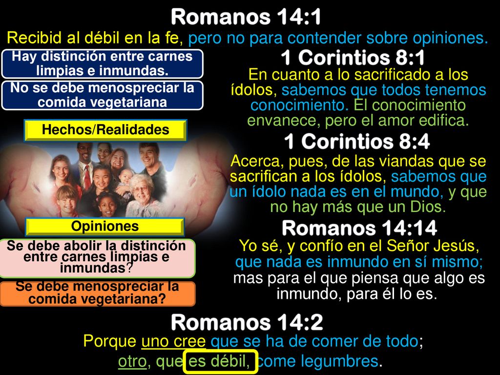 Romanos 14:1 Romanos 14:2 1 Corintios 8:1 1 Corintios 8:4