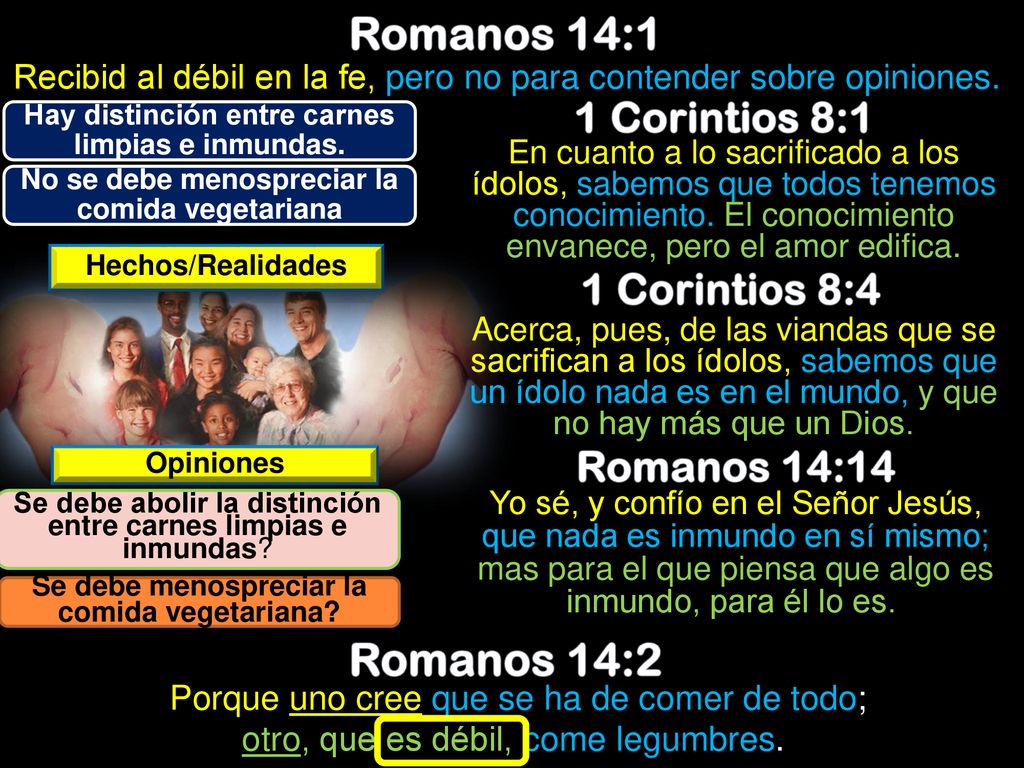 Romanos 14:1 Romanos 14:2 1 Corintios 8:1 1 Corintios 8:4
