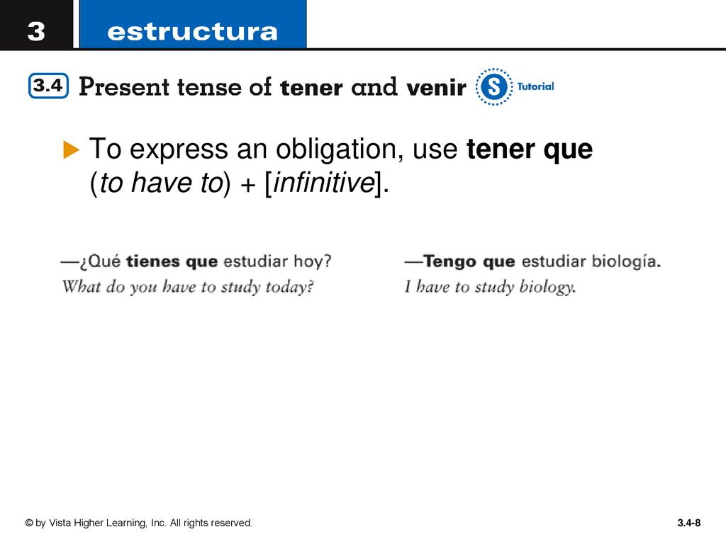 To express an obligation, use tener que (to have to) + [infinitive].