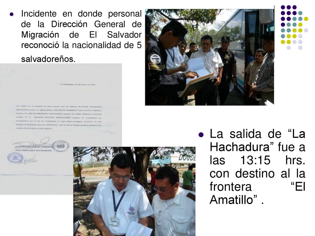 Incidente en donde personal de la Dirección General de Migración de El Salvador reconoció la nacionalidad de 5 salvadoreños.