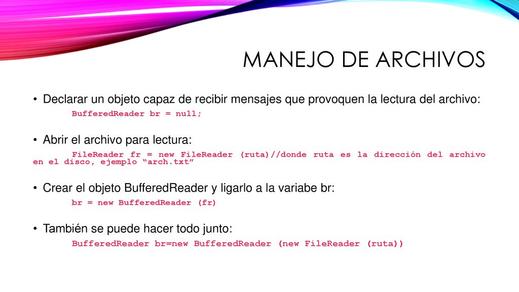 Manejo de archivos Declarar un objeto capaz de recibir mensajes que provoquen la lectura del archivo: