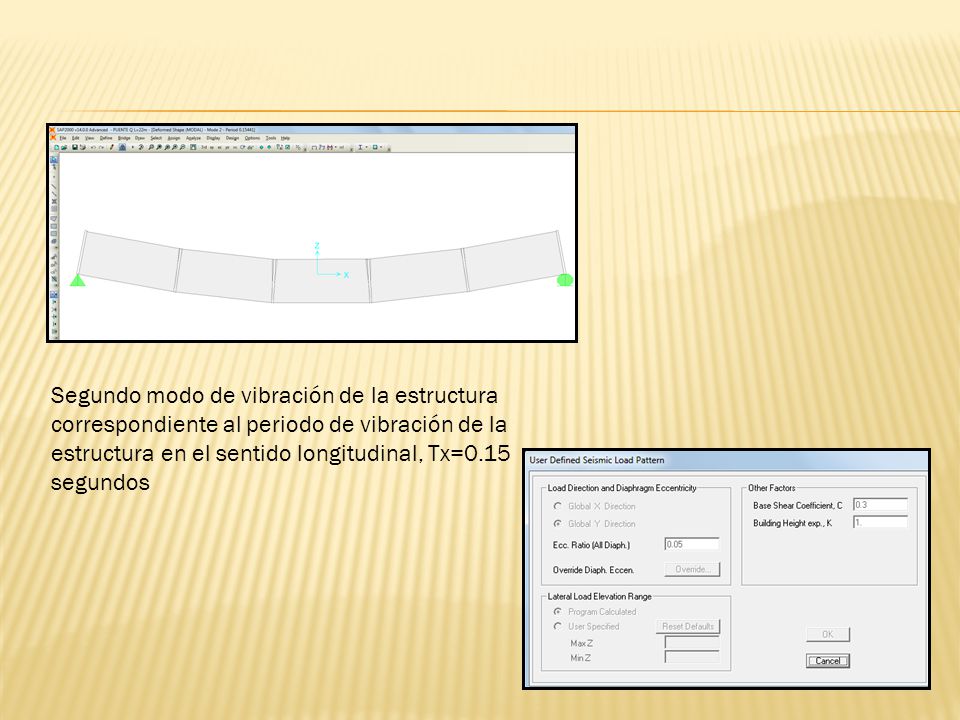 Segundo modo de vibración de la estructura correspondiente al periodo de vibración de la estructura en el sentido longitudinal, Tx=0.15 segundos