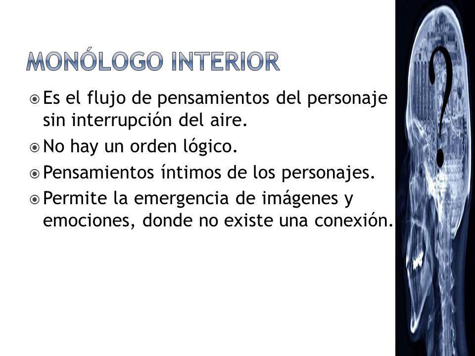 MONÓLOGO INTERIOR Es el flujo de pensamientos del personaje sin interrupción del aire. No hay un orden lógico.