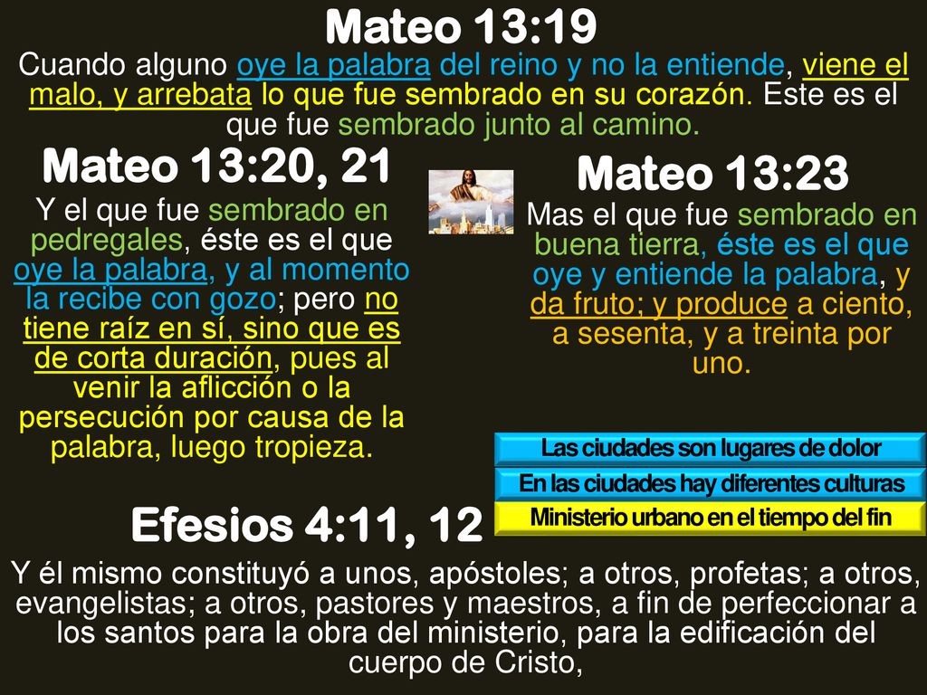 Mateo 13:19 Mateo 13:20, 21 Mateo 13:23 Efesios 4:11, 12