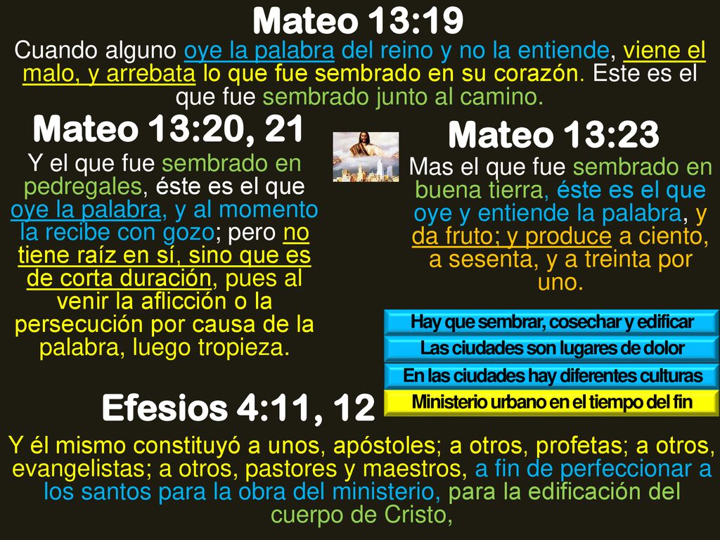 Mateo 13:19 Mateo 13:20, 21 Mateo 13:23 Efesios 4:11, 12