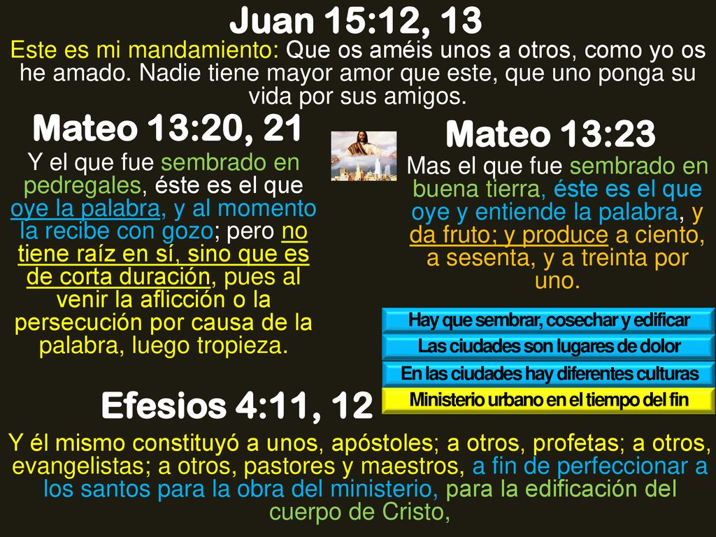 Juan 15:12, 13 Mateo 13:20, 21 Mateo 13:23 Efesios 4:11, 12