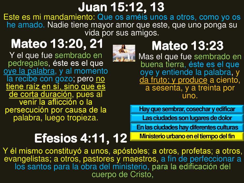 Juan 15:12, 13 Mateo 13:20, 21 Mateo 13:23 Efesios 4:11, 12