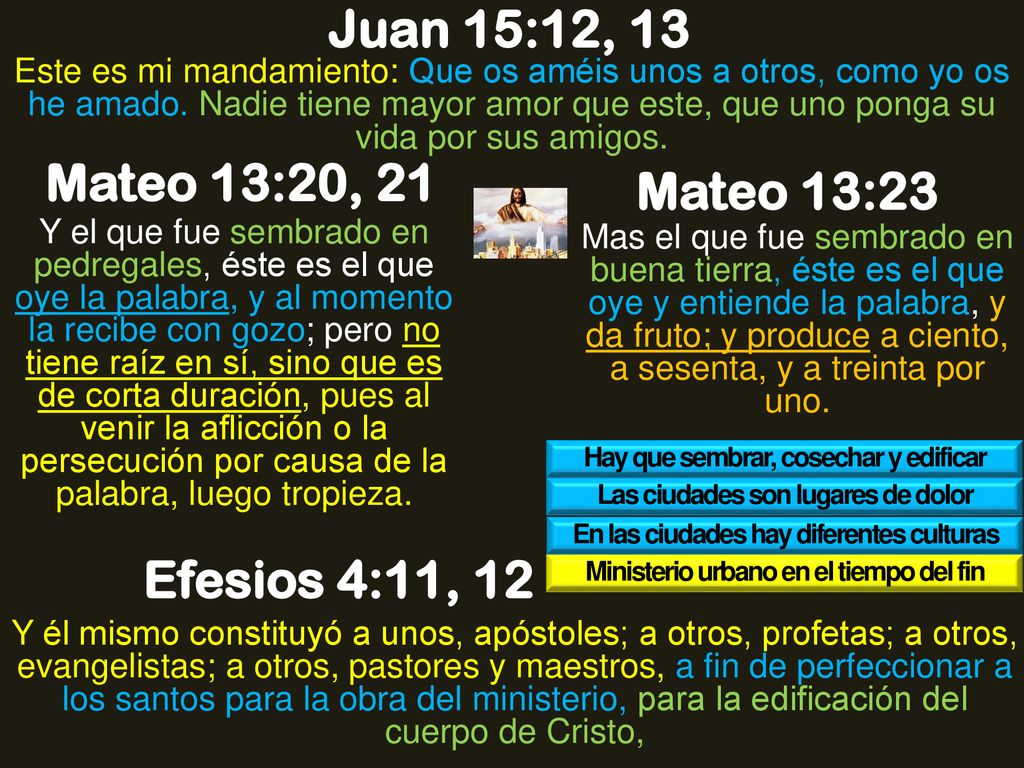Juan 15:12, 13 Mateo 13:20, 21 Mateo 13:23 Efesios 4:11, 12