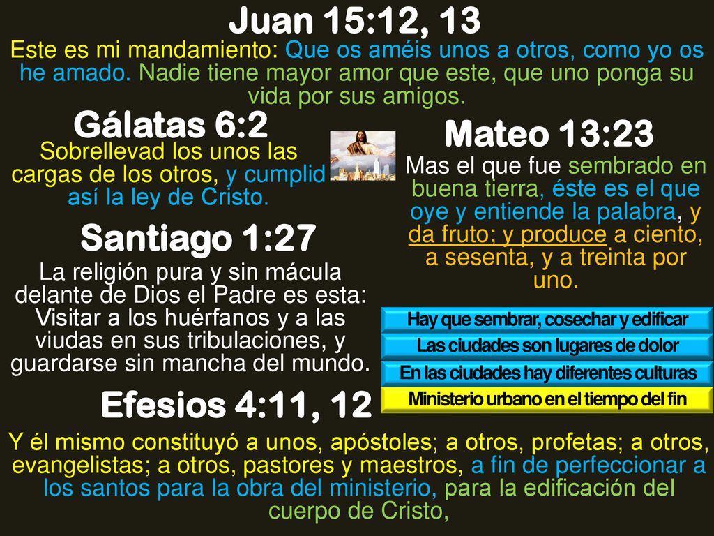 Juan 15:12, 13 Gálatas 6:2 Mateo 13:23 Santiago 1:27 Efesios 4:11, 12