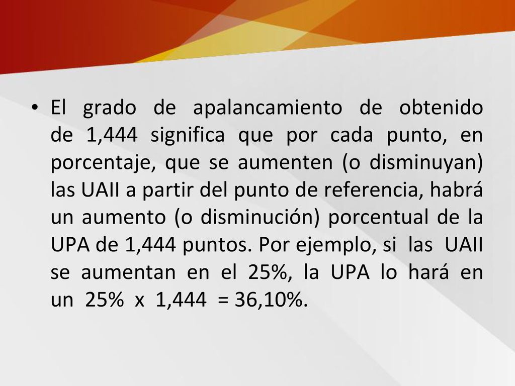 El grado de apalancamiento de obtenido de 1,444 significa que por cada punto, en porcentaje, que se aumenten (o disminuyan) las UAII a partir del punto de referencia, habrá un aumento (o disminución) porcentual de la UPA de 1,444 puntos.