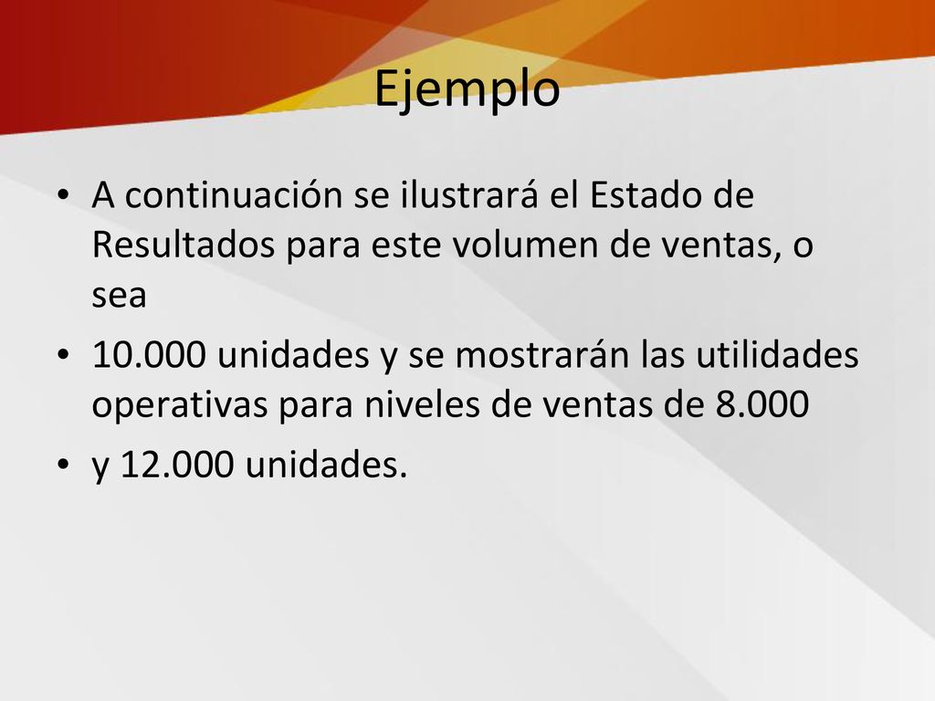 Ejemplo A continuación se ilustrará el Estado de Resultados para este volumen de ventas, o sea.