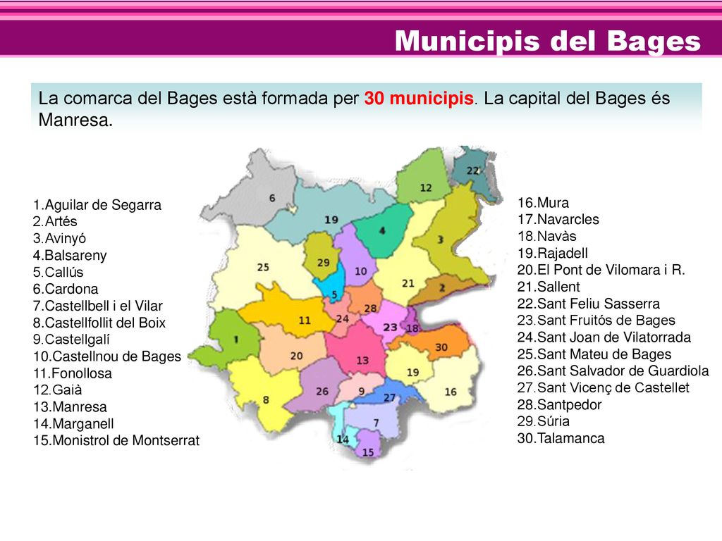 Municipis del Bages La comarca del Bages està formada per 30 municipis. La capital del Bages és Manresa.