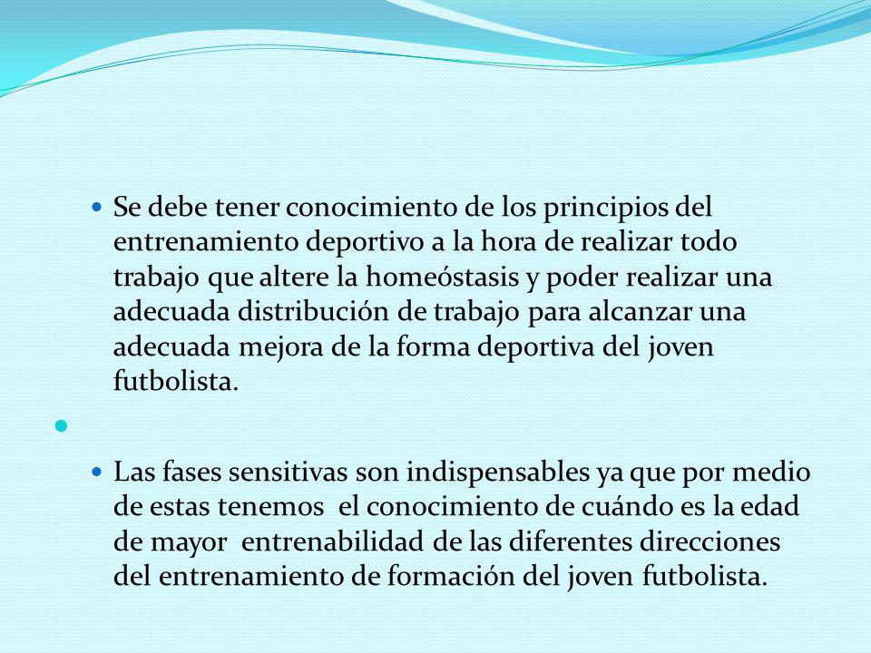 Se debe tener conocimiento de los principios del entrenamiento deportivo a la hora de realizar todo trabajo que altere la homeóstasis y poder realizar una adecuada distribución de trabajo para alcanzar una adecuada mejora de la forma deportiva del joven futbolista.