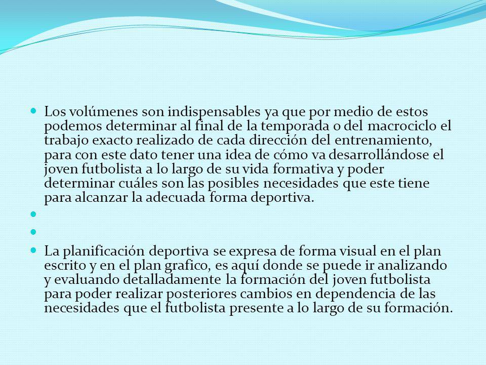 Los volúmenes son indispensables ya que por medio de estos podemos determinar al final de la temporada o del macrociclo el trabajo exacto realizado de cada dirección del entrenamiento, para con este dato tener una idea de cómo va desarrollándose el joven futbolista a lo largo de su vida formativa y poder determinar cuáles son las posibles necesidades que este tiene para alcanzar la adecuada forma deportiva.