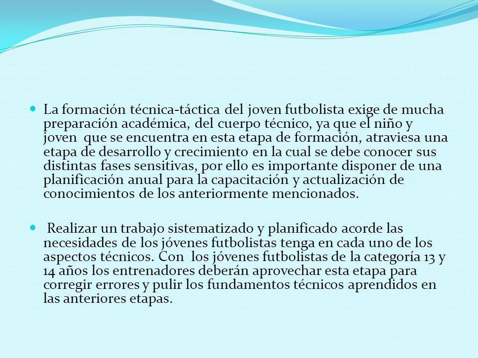 La formación técnica-táctica del joven futbolista exige de mucha preparación académica, del cuerpo técnico, ya que el niño y joven que se encuentra en esta etapa de formación, atraviesa una etapa de desarrollo y crecimiento en la cual se debe conocer sus distintas fases sensitivas, por ello es importante disponer de una planificación anual para la capacitación y actualización de conocimientos de los anteriormente mencionados.