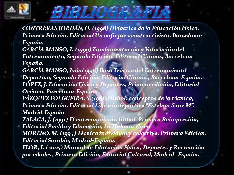 BIBLIOGRAFIA CONTRERAS JORDÁN, O. (1998) Didáctica de la Educación Física, Primera Edición, Editorial Un enfoque constructivista, Barcelona-España.