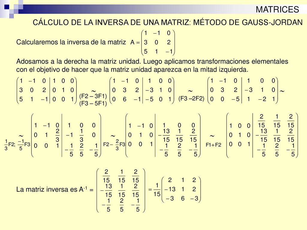 MATRICES CÁLCULO DE LA INVERSA DE UNA MATRIZ: MÉTODO DE GAUSS-JORDAN. Calcularemos la inversa de la matriz.
