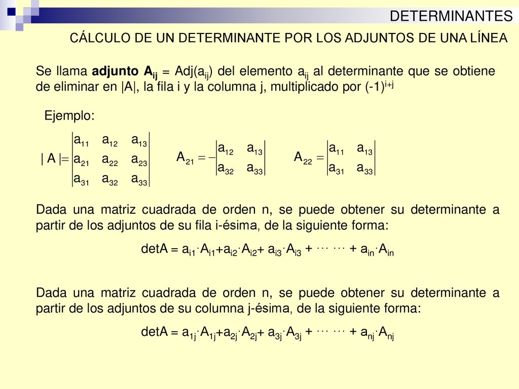 DETERMINANTES CÁLCULO DE UN DETERMINANTE POR LOS ADJUNTOS DE UNA LÍNEA