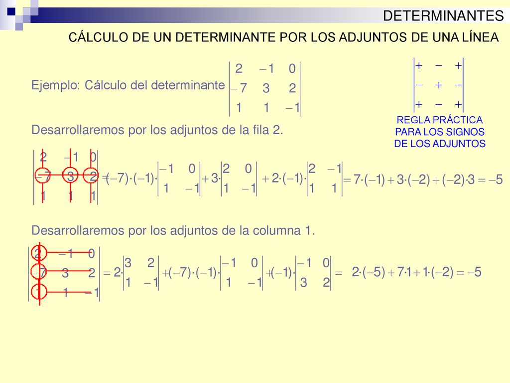 DETERMINANTES CÁLCULO DE UN DETERMINANTE POR LOS ADJUNTOS DE UNA LÍNEA