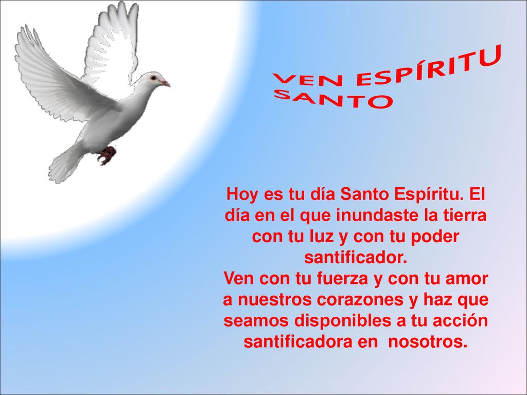 VEN ESPÍRITU SANTO Hoy es tu día Santo Espíritu. El día en el que inundaste la tierra con tu luz y con tu poder santificador.