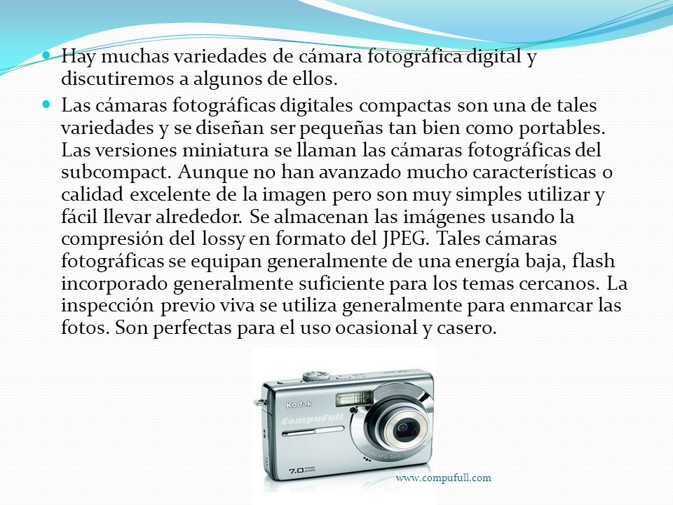 Hay muchas variedades de cámara fotográfica digital y discutiremos a algunos de ellos.
