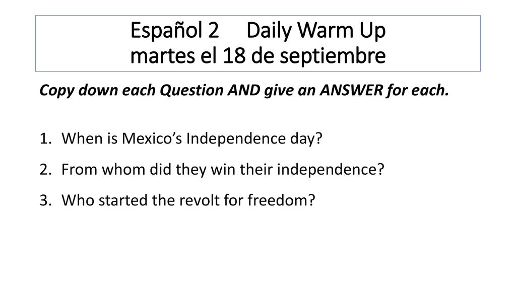 Español 2 Daily Warm Up martes el 18 de septiembre