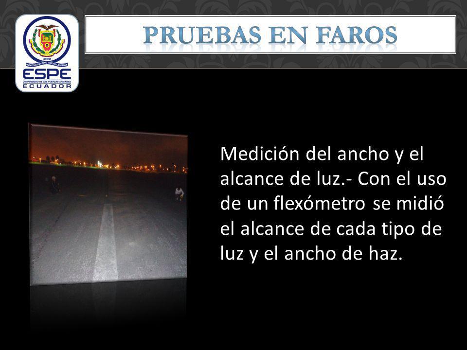 PRUEBAS EN FAROS Medición del ancho y el alcance de luz.- Con el uso de un flexómetro se midió el alcance de cada tipo de luz y el ancho de haz.
