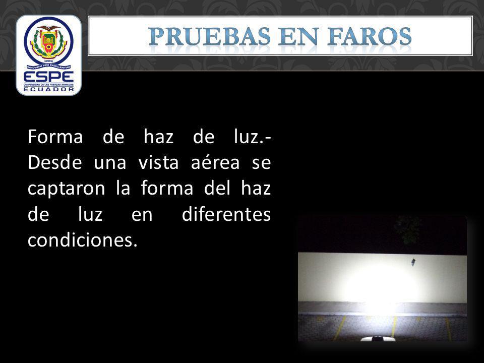 PRUEBAS EN FAROS Forma de haz de luz.- Desde una vista aérea se captaron la forma del haz de luz en diferentes condiciones.
