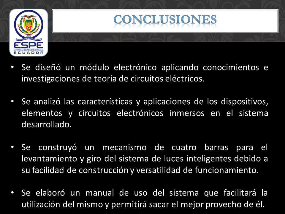 CONCLUSIONES Se diseñó un módulo electrónico aplicando conocimientos e investigaciones de teoría de circuitos eléctricos.