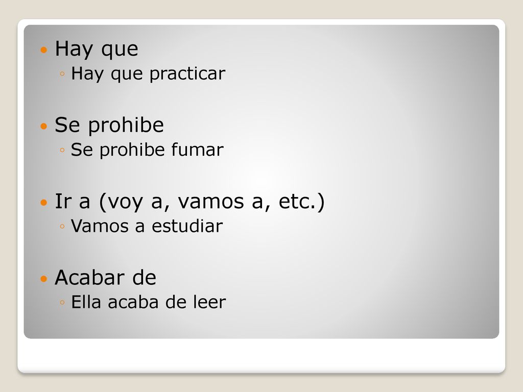 Hay que Se prohibe Ir a (voy a, vamos a, etc.) Acabar de