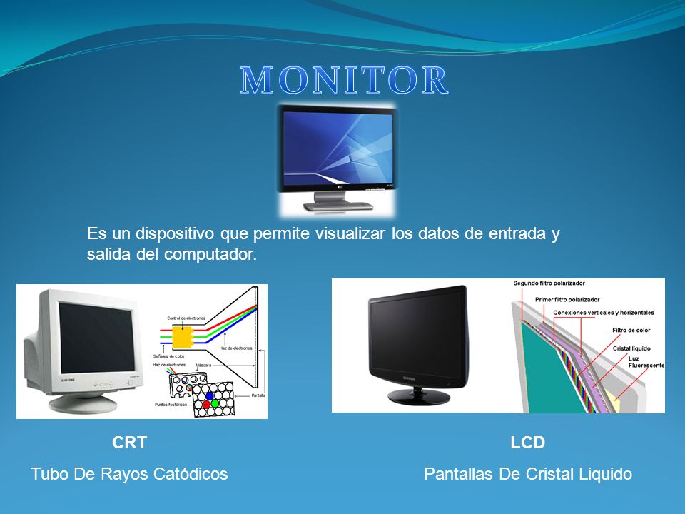 MONITOR Es un dispositivo que permite visualizar los datos de entrada y salida del computador. Tipos de Monitor: