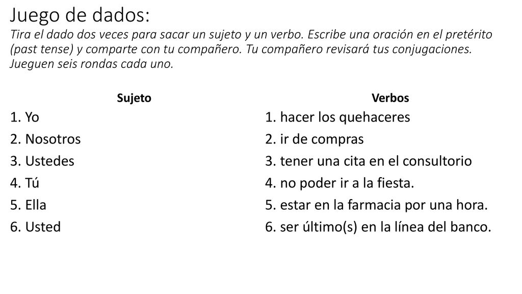 Juego de dados: Tira el dado dos veces para sacar un sujeto y un verbo