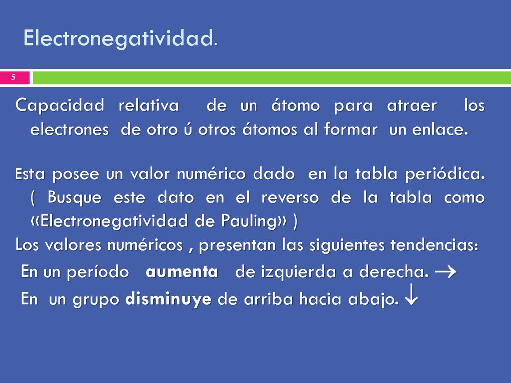 Electronegatividad. Capacidad relativa de un átomo para atraer los electrones de otro ú otros átomos al formar un enlace.