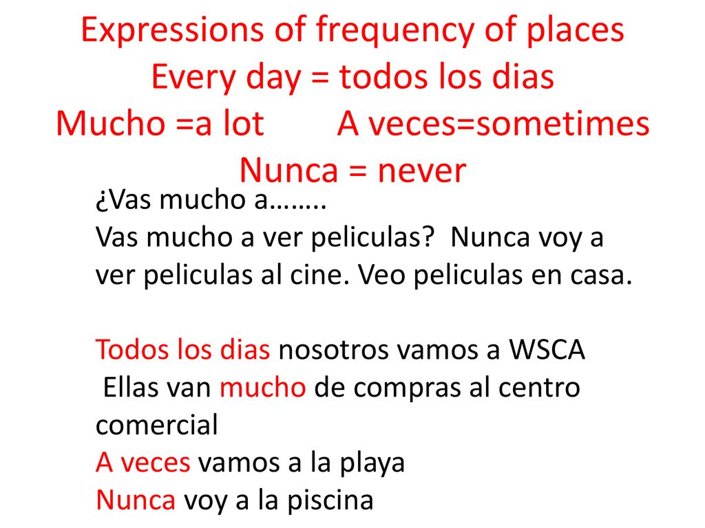 Expressions of frequency of places Every day = todos los dias Mucho =a lot A veces=sometimes Nunca = never