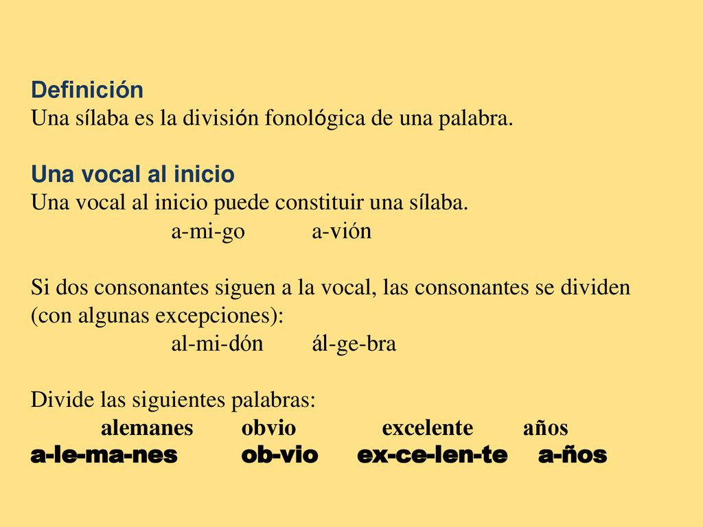 Definición Una sílaba es la división fonológica de una palabra. Una vocal al inicio. Una vocal al inicio puede constituir una sílaba.