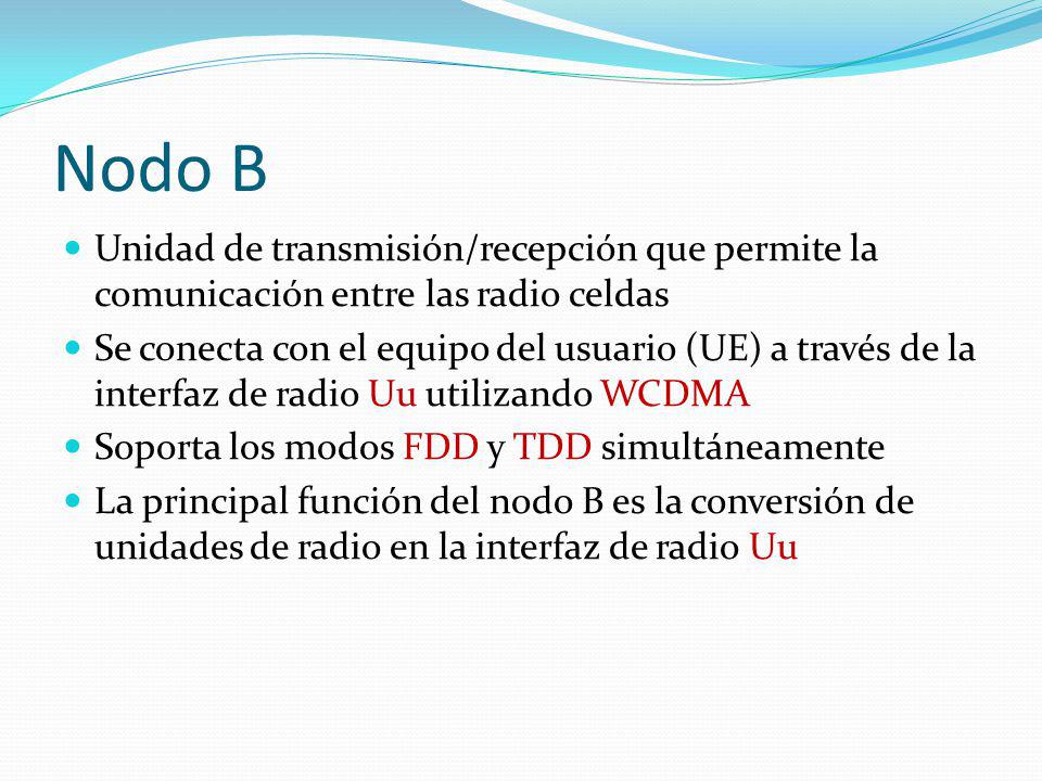 Nodo B Unidad de transmisión/recepción que permite la comunicación entre las radio celdas.