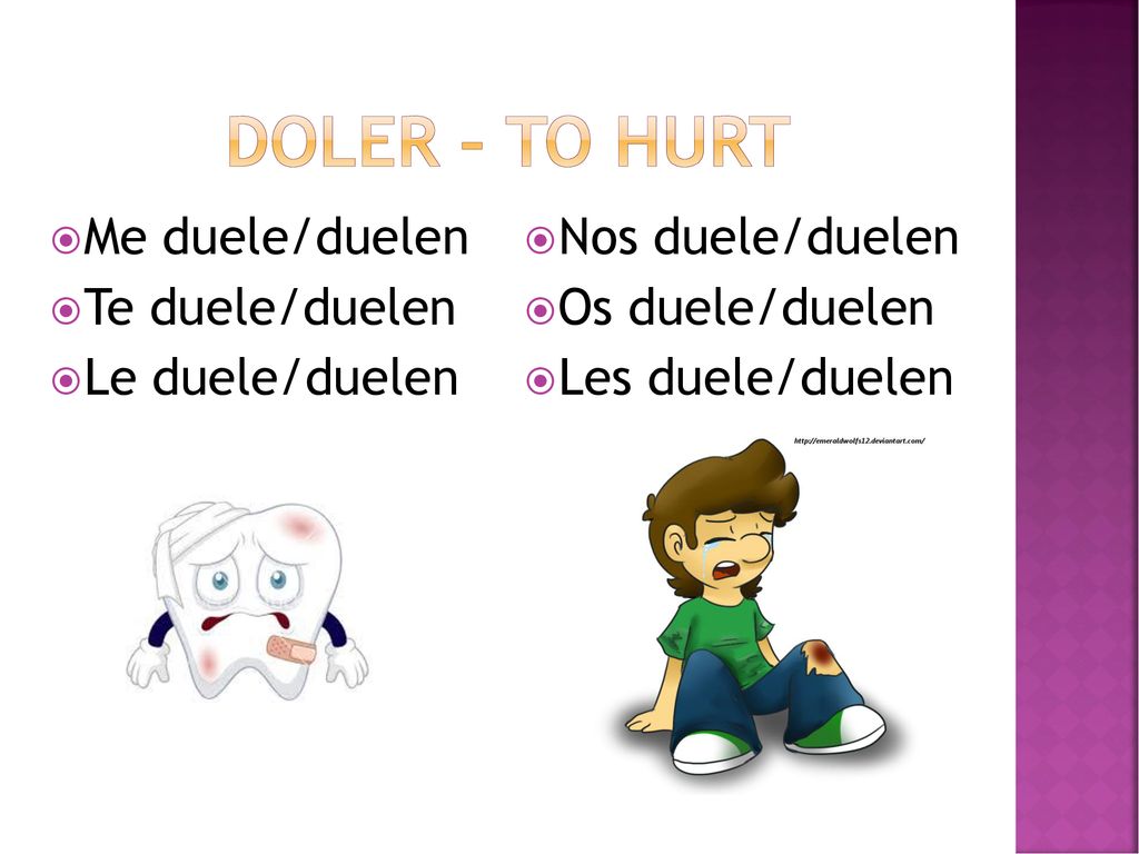 Doler – to hurt Me duele/duelen Te duele/duelen Le duele/duelen