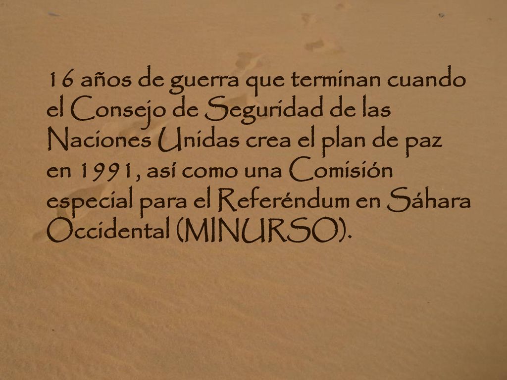 16 años de guerra que terminan cuando el Consejo de Seguridad de las Naciones Unidas crea el plan de paz en 1991, así como una Comisión especial para el Referéndum en Sáhara Occidental (MINURSO).