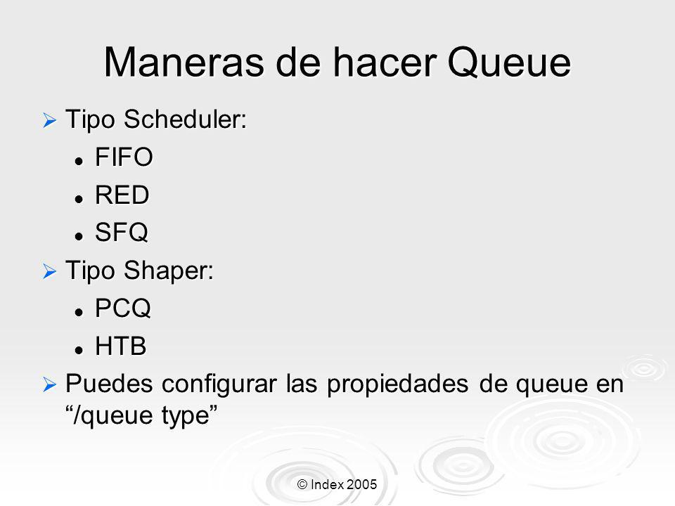 Maneras de hacer Queue Tipo Scheduler: FIFO RED SFQ Tipo Shaper: PCQ