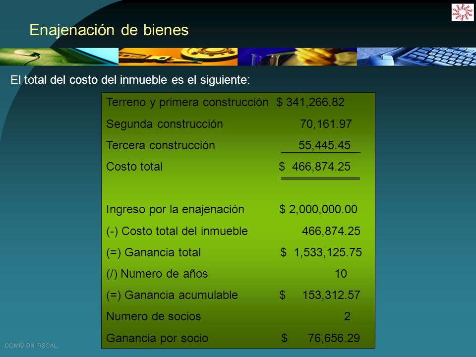 Enajenación de bienes El total del costo del inmueble es el siguiente: