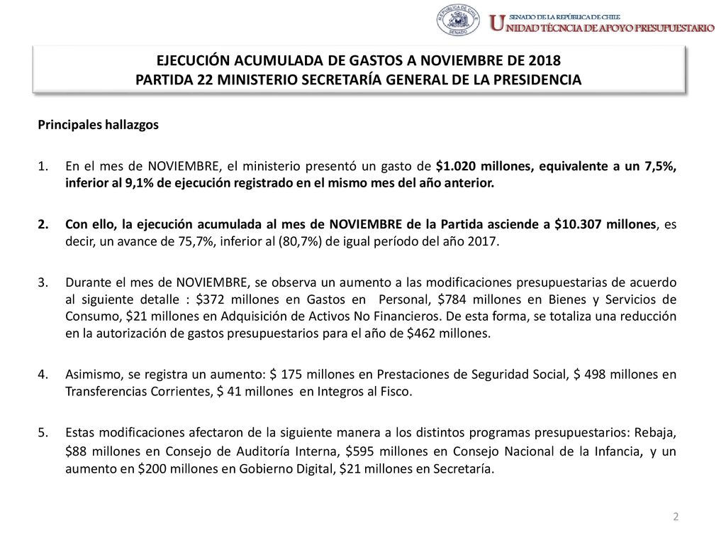 EJECUCIÓN ACUMULADA DE GASTOS A NOVIEMBRE DE 2018 PARTIDA 22 MINISTERIO SECRETARÍA GENERAL DE LA PRESIDENCIA