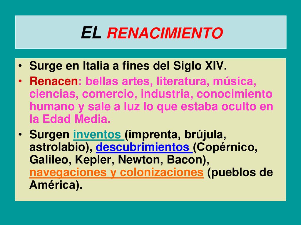 EL RENACIMIENTO Surge en Italia a fines del Siglo XIV.