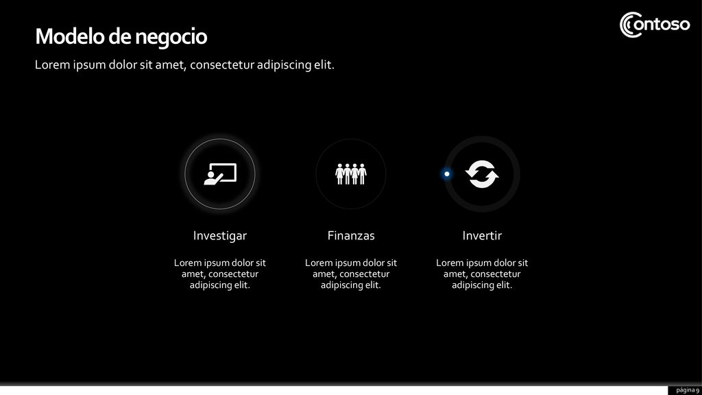 Modelo de negocio Lorem ipsum dolor sit amet, consectetur adipiscing elit. Investigar. Finanzas. Invertir.