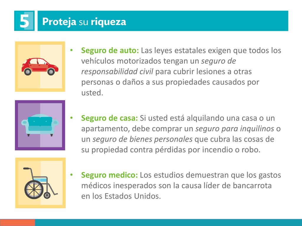 Seguro de auto: Las leyes estatales exigen que todos los vehículos motorizados tengan un seguro de responsabilidad civil para cubrir lesiones a otras personas o daños a sus propiedades causados por usted.