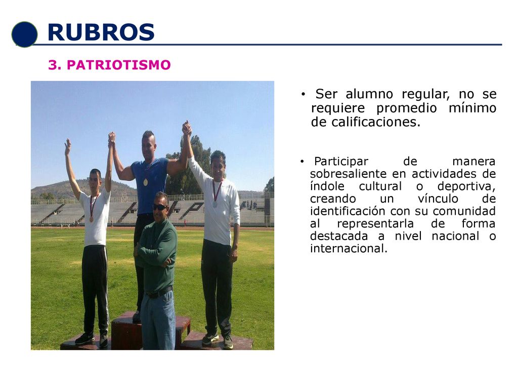 RUBROS 3. PATRIOTISMO. Ser alumno regular, no se requiere promedio mínimo de calificaciones.